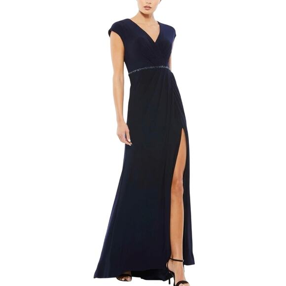 MAC DUGGAL 67850 Faux Wrap V-Neck Cap Sleeve Gown in Navy Size 4 New w/ Tag $398 - Picture 3 of 7